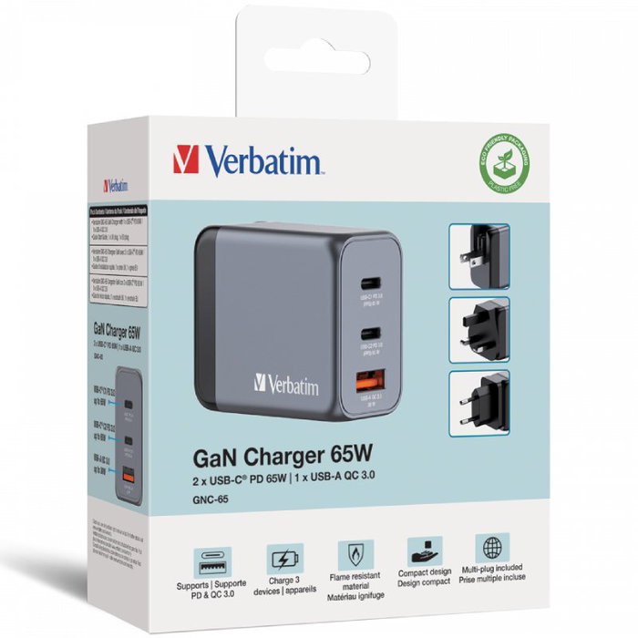 Verbatim GNC-65 Cargador de Pared GaN 65W con 2xUSB-C y 1xUSB-A
